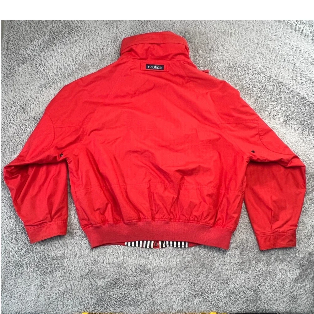 Vintage Nautica Harrington Red Full Zip Hooded Bomber Jacket L Striped Lining